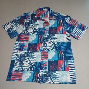 Wekioobon Mens XL Tropical Patchwork Button Up Shirt Blue Red Palm Tree Summer